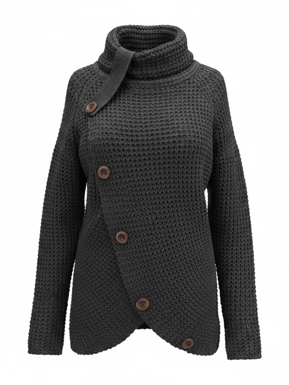 Zenana Outfitters Dark Gray Waffle Knit Asymmetric Button Turtleneck